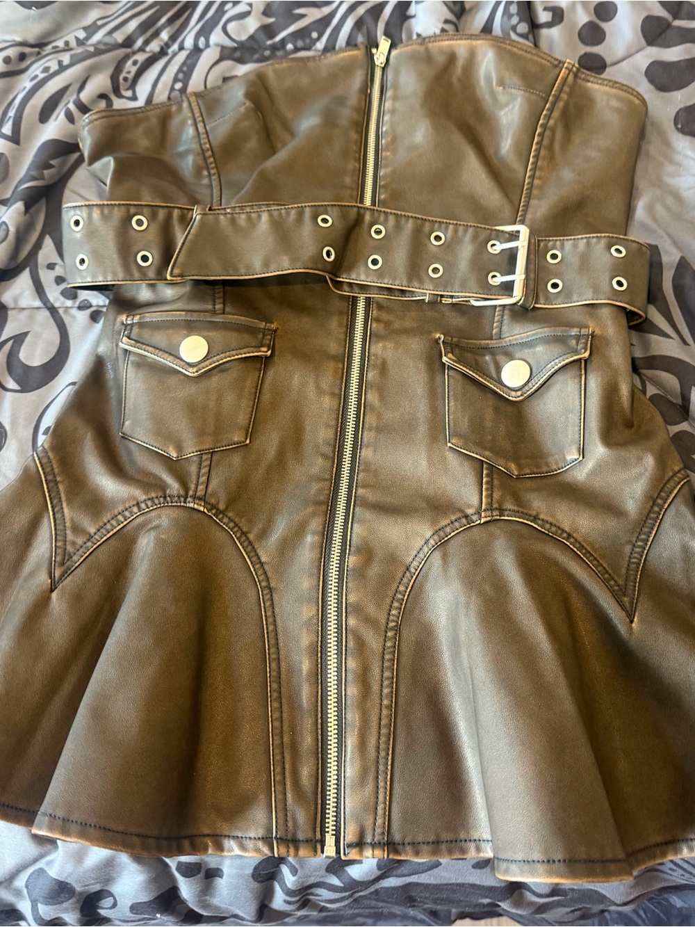 Generation Kiss Dolls KillStrapless Faux Leather Peplum Dress in Brown with Belt